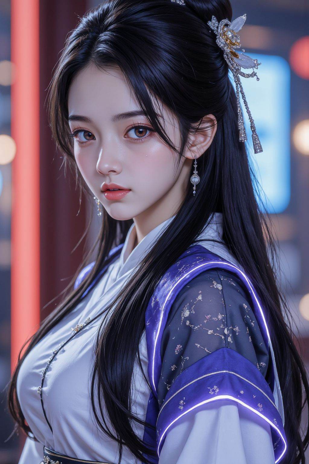 Senior Photography,1girl,solo,brown eyes,black hair,looking at viewer,hanfu,chinese clothes,science fiction,long hair,cyberpunk,robot joints,glowing cloak,