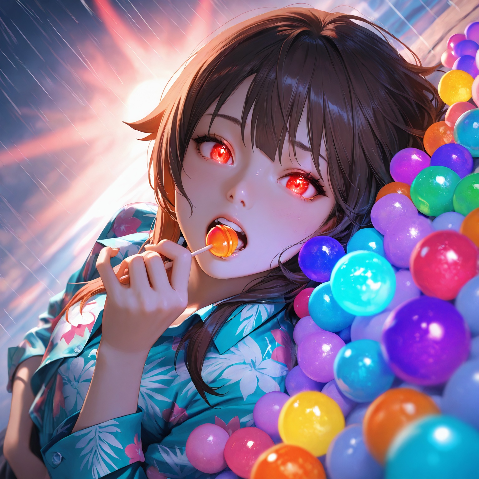 realistic,2.5D,photorealistic,Megumin, masterpiece, best quality, amazing quality, very aesthetic, absurdres, newest, 1girl, Megumin, brown hair, red glowing eyes, hawaiian shirt, teeth, lips, thin lips, narrow mouth, solo, looking at viewer, open mouth, holding lollipop, chupa chups, upper body, backlighting, from above, dutch angle, colorful candies, rain of colorful candies, rain of candies, the candies are very close, falling candies, from top to bottom, falling down, lots of candies, colorful candies, glowing candies, very close, a little blur on the candy, masterpiece, best quality, amazing quality, very aesthetic, absurdres, newest, soft light, explosion of colors, masterpiece, best quality, colorful, bright, multicolored, bright colors of paint, masterpiece, best quality, amazing quality, very aesthetic, absurdres, lots of multicolored rainbow light, focus on the face, lots of soft light, soft colors, lots of colorful particles, colorful candies, rain of colorful candies, rain of candies, falling candies, from top to bottom, falling down, lots of candies, colorful candies, glowing candies, very close, a little blur on the candy