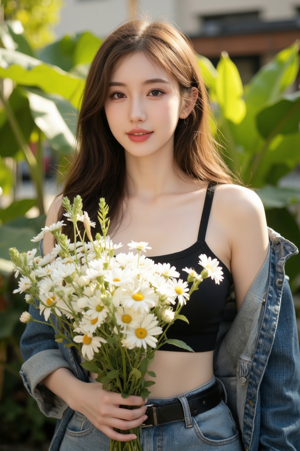 a young woman wearing a black **** top and denim jacket,holding a bouquet of white flowers,looking very happy. Her hair is brown and curly,and her eyes are looking to the left of the camera. The background is blurred with green plants,and sunlight filtering through the leaves adds a warm feel to the entire scene.,