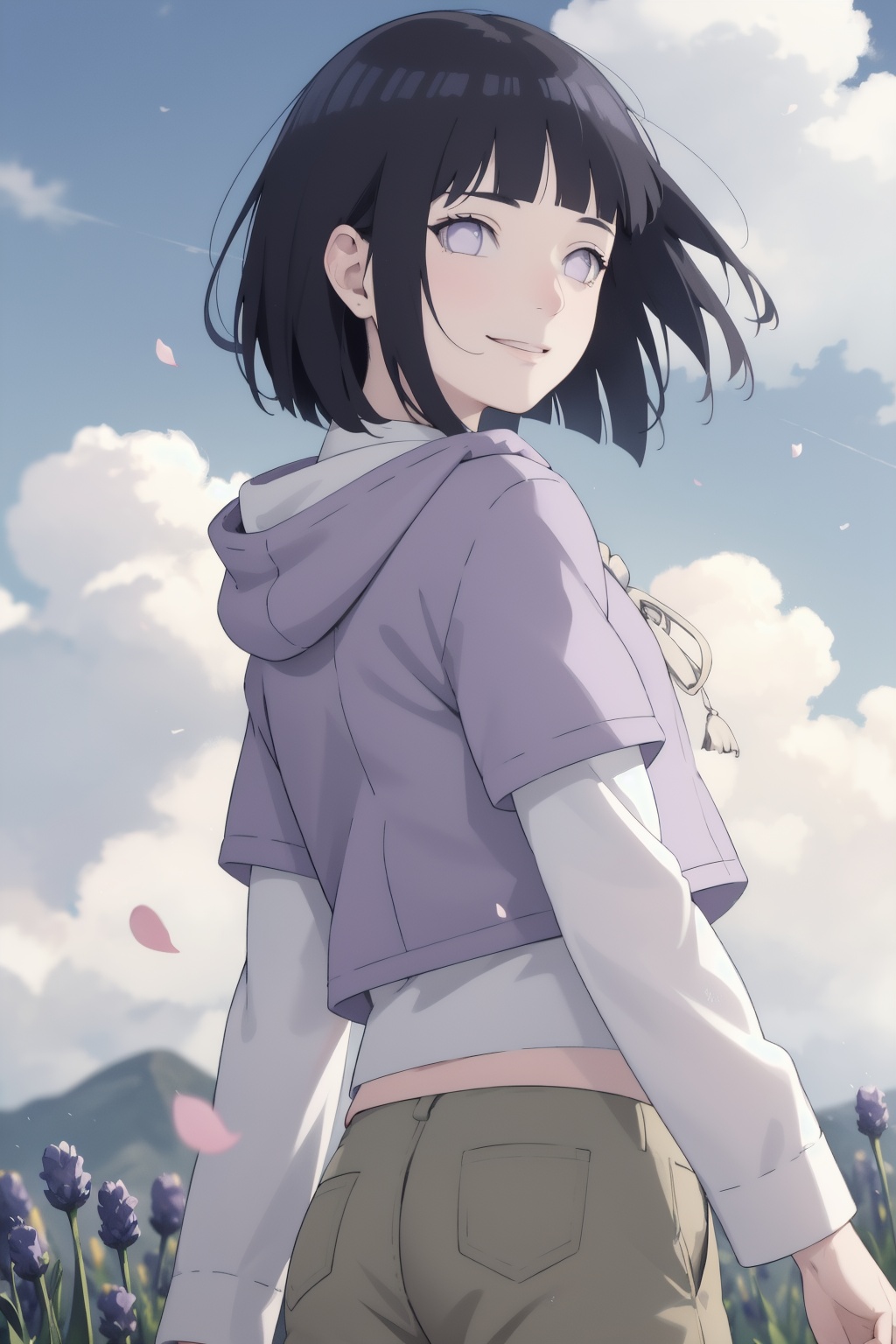 masterpiece, absurdres , (intricate details), (colorful),cinematic lighting,extremely detailed CG unity 8k wallpaper ,hinata\(boruto\), 1girl, solo, purple hoodie ,brown pants,  from behind,layered sleeves, cowboy shot,  looking back, looking at viewer,smile, outdoors, lavender flower field,flower, day, cloudy sky, wind, floating hair, falling petals<lora:lbc_Hyūga Hinata_Naruto24324_v1.0:1>,