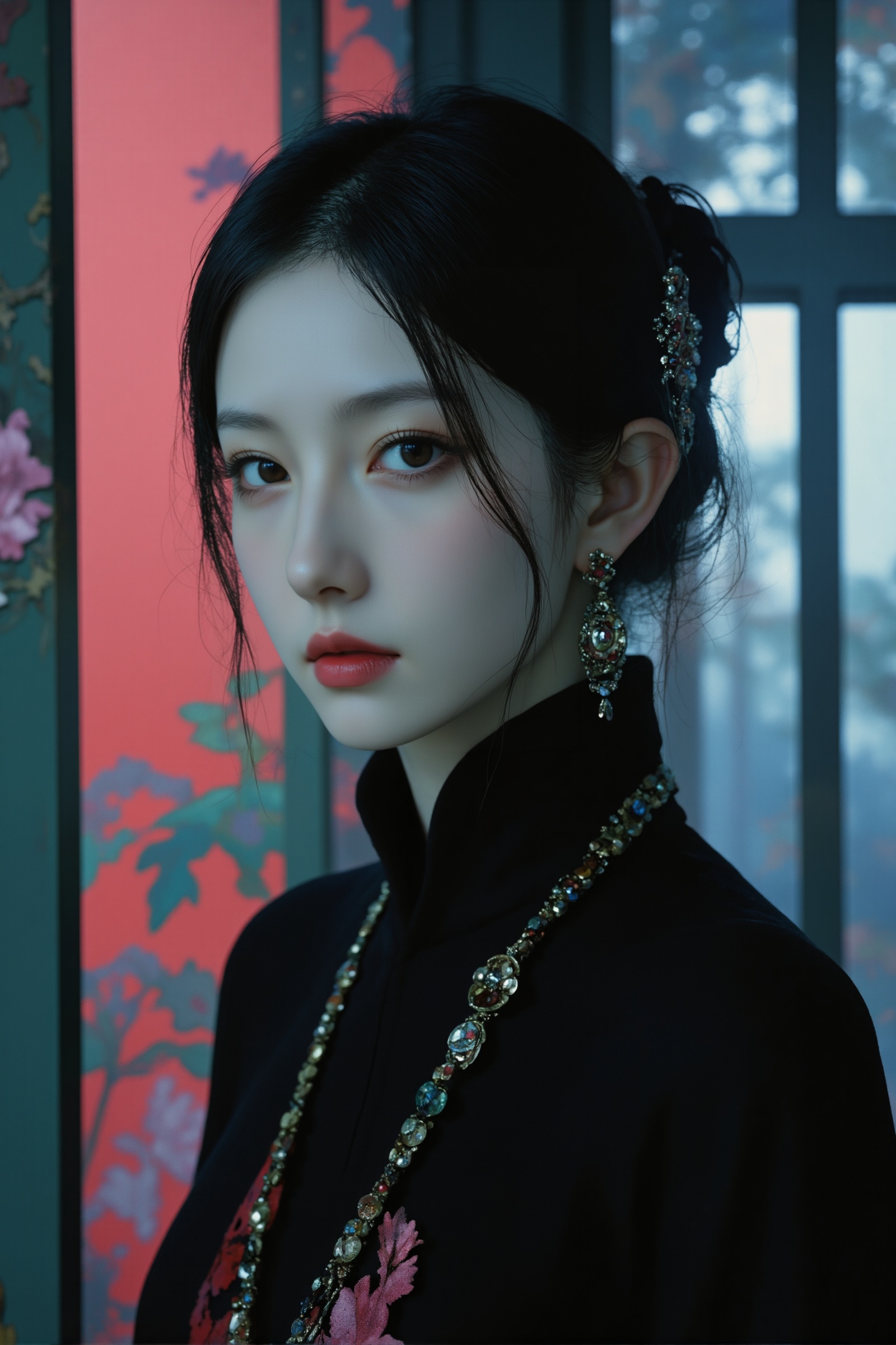 DFM,<lora:Fulan_dongfangmeng_Merjic_F.1:0.75>,Photography,Cinematic lighting, fine art photography,Dreamcore,Mysticism,fantasy and surrealism,psychic,Wong Kar-wai-style movie stills,Woman contemplative facing camera, Medium shot,Depth of field, background blur,This artworkevokes themes often associated with East Asian culture combined with elements reminiscent of fantasy literature and film genres,8K Resolution,Perfect Detail,HD Detail,Ultra High Resolution,