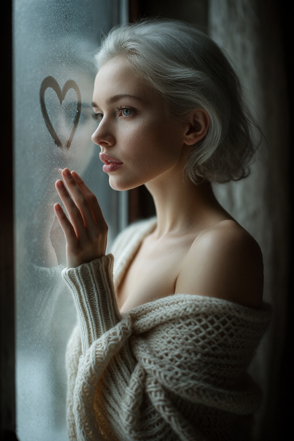 Sean Archer style,  three-quarter soft glamour portrait of a 27-year-old woman with a wet-look silver bob and dewy glass-s...
