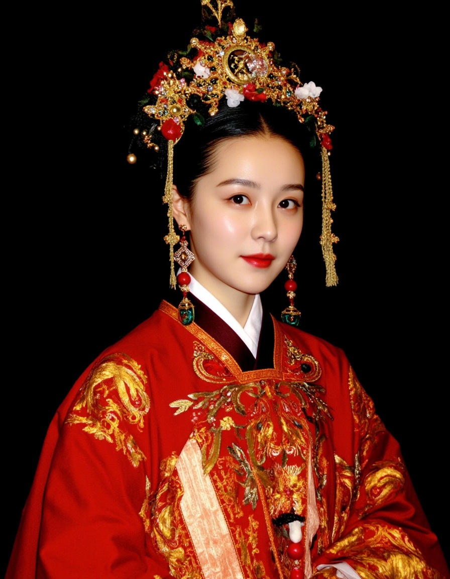 The image depicts a beautifully dressed figure adorned in traditional attire,likely from an East Asian culture. The individual is wearing a richly embroidered red robe with intricate golden patterns,suggesting a high status or ceremonial role. The person's headdress is elaborate,featuring gold and jewels,with long,dangling strands of beads or silk adding to the opulence. The earrings are large and ornate,with green and red elements,complementing the overall regal appearance. The background is dark,which contrasts with the bright,detailed clothing and headdress,drawing attention to the figure's elegant and majestic presence.,