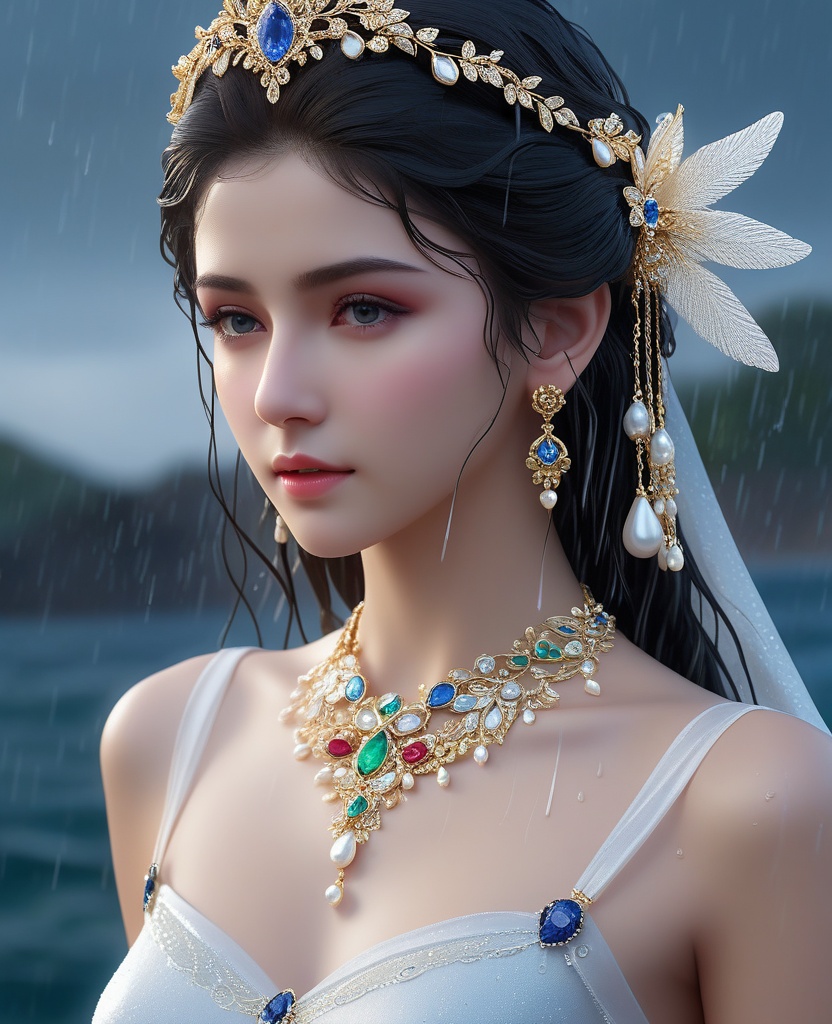<lora:588-DA-XL-梦塔·雪谜城-白亦君:0.8>(,1girl, ,best quality, ),looking at viewer, ,ultra detailed 8k cg, ultra detailed background, ultra realistic 8k cg,  ,masterpiece((((1girl, solo,  , ,solo focus, wet,sweat, ocean,rain, water drop, )))) (, , sweatdrop, flying sweatdrops, sweating profusely,colorful drop \(module\), )   clean, masterpiece,     cinematic lighting, cinematic bloom,   , unreal, science fiction, luxury, jewelry, diamond, gold, pearl, gem, sapphire, ruby, emerald, intricate detail, delicate pattern, charming, alluring, seductive, erotic, enchanting, hair ornament, necklace, earrings, bracelet, armlet,halo,