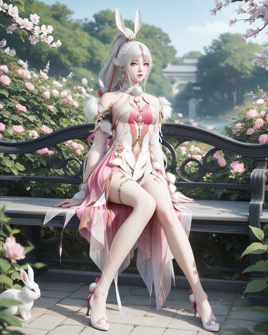 <lora:wy_hutao_xw_XL5.0:0.8>,1girl,solo,high heels,ponytail,dress,animal ears,rabbit ears,white hair,pink eyes,pink dress,hair ornament,long hair,outdoors,gaden,sitting,flower,, score_9,score_8_up,score_7_up,score_6_up,score_5_up,score_4_up,