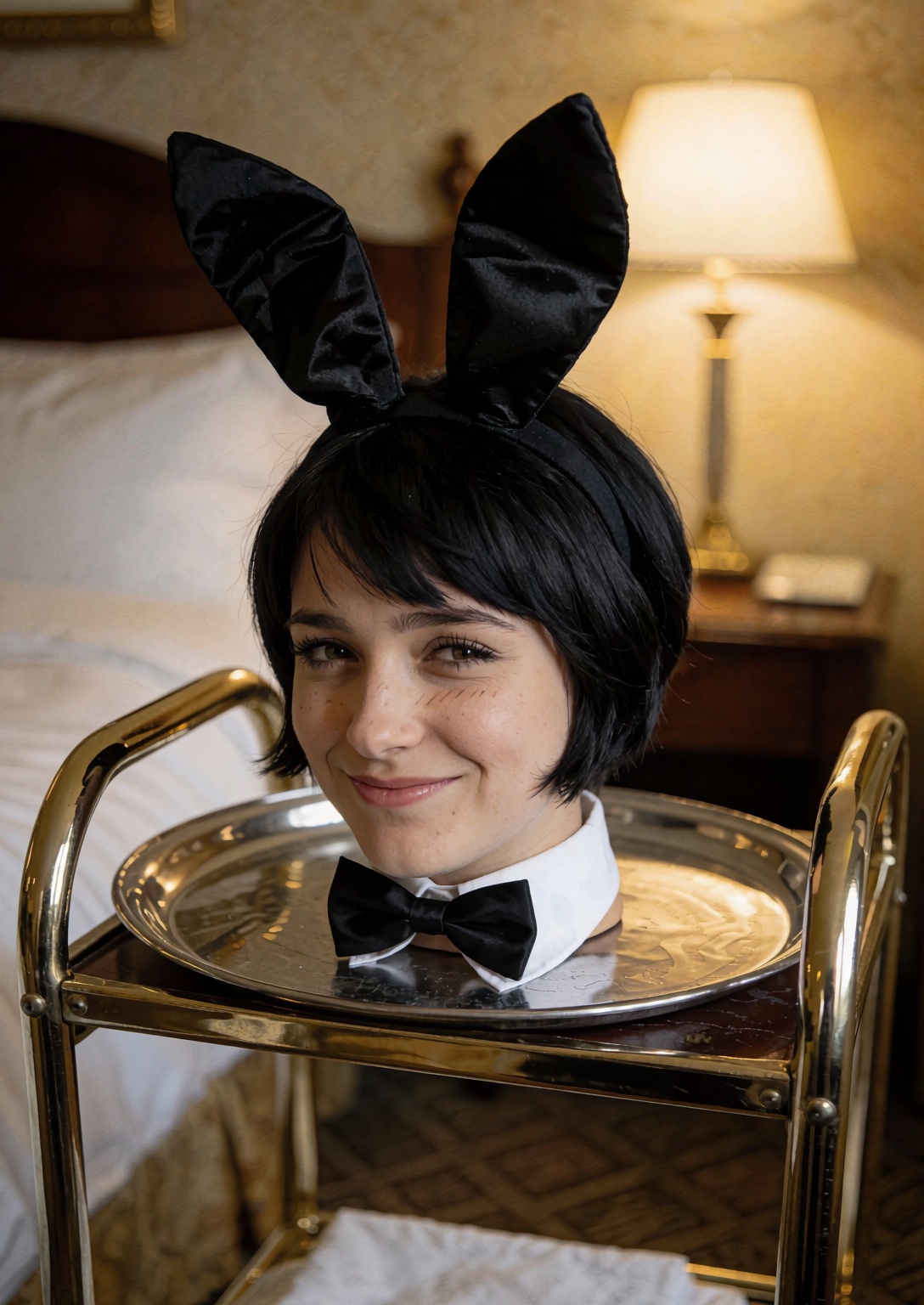 photograph of a young woman's disembodied head sitting on a silver tray on a hotel service cart in a hotel room. She is sh...