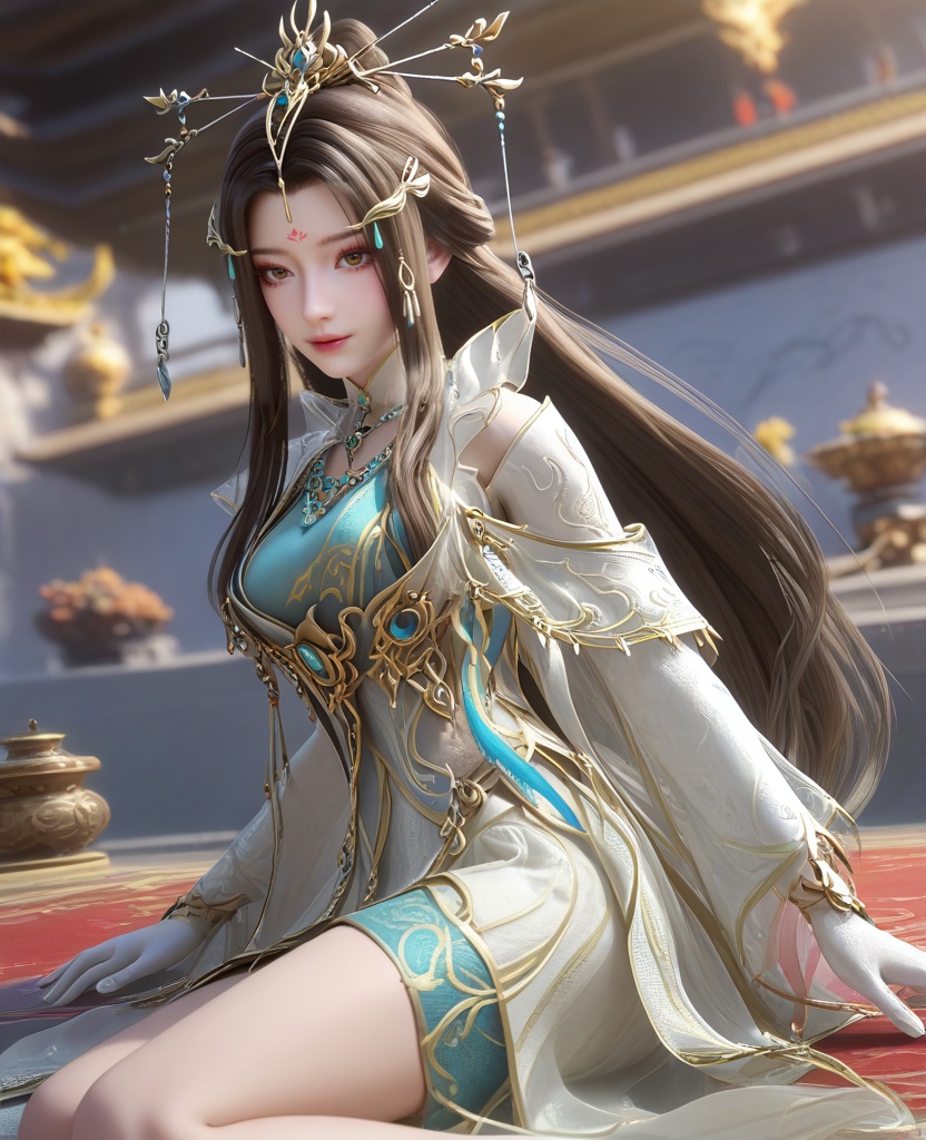 (oriental architecture, elegant decor, sophisticated style:1.1),(Lying back on her elbows, a leg casually draped over the other, eyes locked onto an unseen lover across the room, she channels raw desire and tantalizing allure:1.1),(Over-the-shoulder, capturing part of the back and the subject's forward view:1.1),(large breasts:1.2),<lora:XL16云深不知梦云望舒少宗主服:0.95>,miss yunwangshu,white gown with tulle skirt,shawl,brown eyes,forehead mark,very long hair,traditional chinese updo with long front strands,hair ornament,jewelry,blue bandeau,white gloves,, score_9,score_8_up,score_7_up,score_6_up,score_5_up,score_4_up,3d rendering,tag1,tag2, Cinematic Lighting,backlighting,