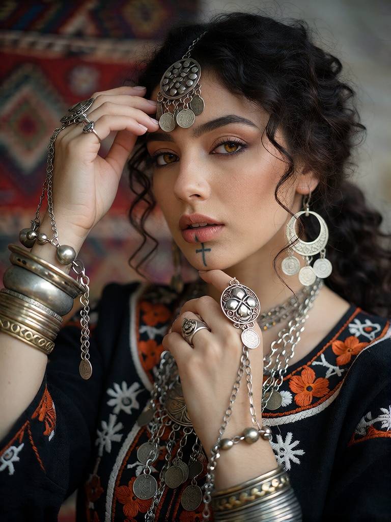 Bradhamel art style. A young woman of Middle Eastern descent with dark curly hair,  wearing intricate silver coin headpiec...