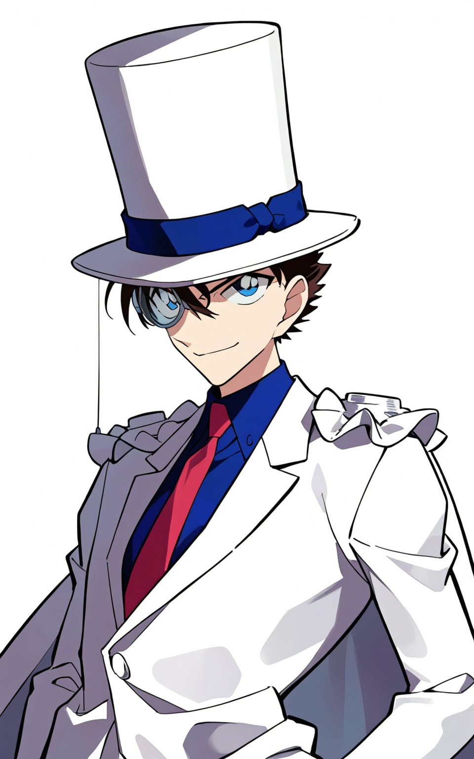 8k, best quality, masterpiece, (ultra-detailed), smile, (standing, medium shot, looking at viewer, white background, clean background:1.5), (pseudo-impasto:0.7), (by ask:0.5), (by rella:0.3), (by mochizukikei:0.3), high resolution, intricate details, solo, close up shot, upper body, <lora:gdkidre-neta-Tanger-000013:0.7>, monocle, gdkit, qinshan artstyle, conan style eyes, 1boy, solo, male focus, cape, hat, top hat, gloves, brown hair, blue eyes, 