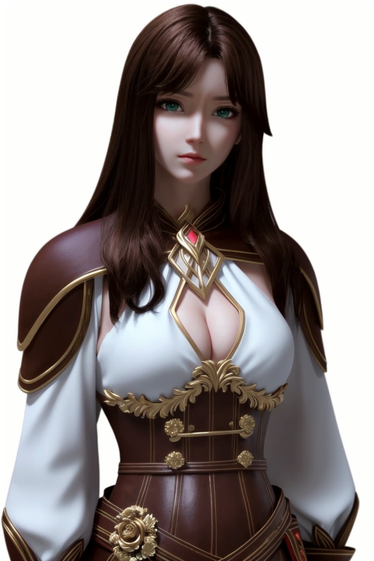 ((HRD, HUD, 8K)),((masterpiece, best quality)), highly detailed, soft light,1girl, solo, brown hair, long hair, green eyes, lips, breasts, cleavage, cleavage cutout, medium breasts, armor, clothing cutout, simple background, white background, (upper body:1.2), standing, looking at viewer,  <lora:20240402-1712019493265:0.72>