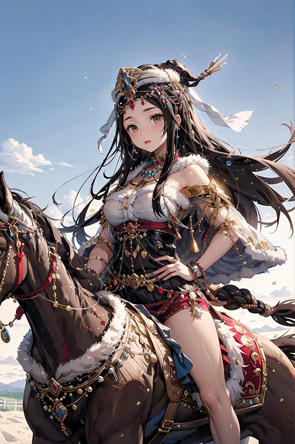 masterpiece,best quality,1girl,jewelry,traditional fur hat,<lora:PDLX_部落公主:1>,A horse riding scene with a princess leading a herd of horses across the vast Mongolian steppe,