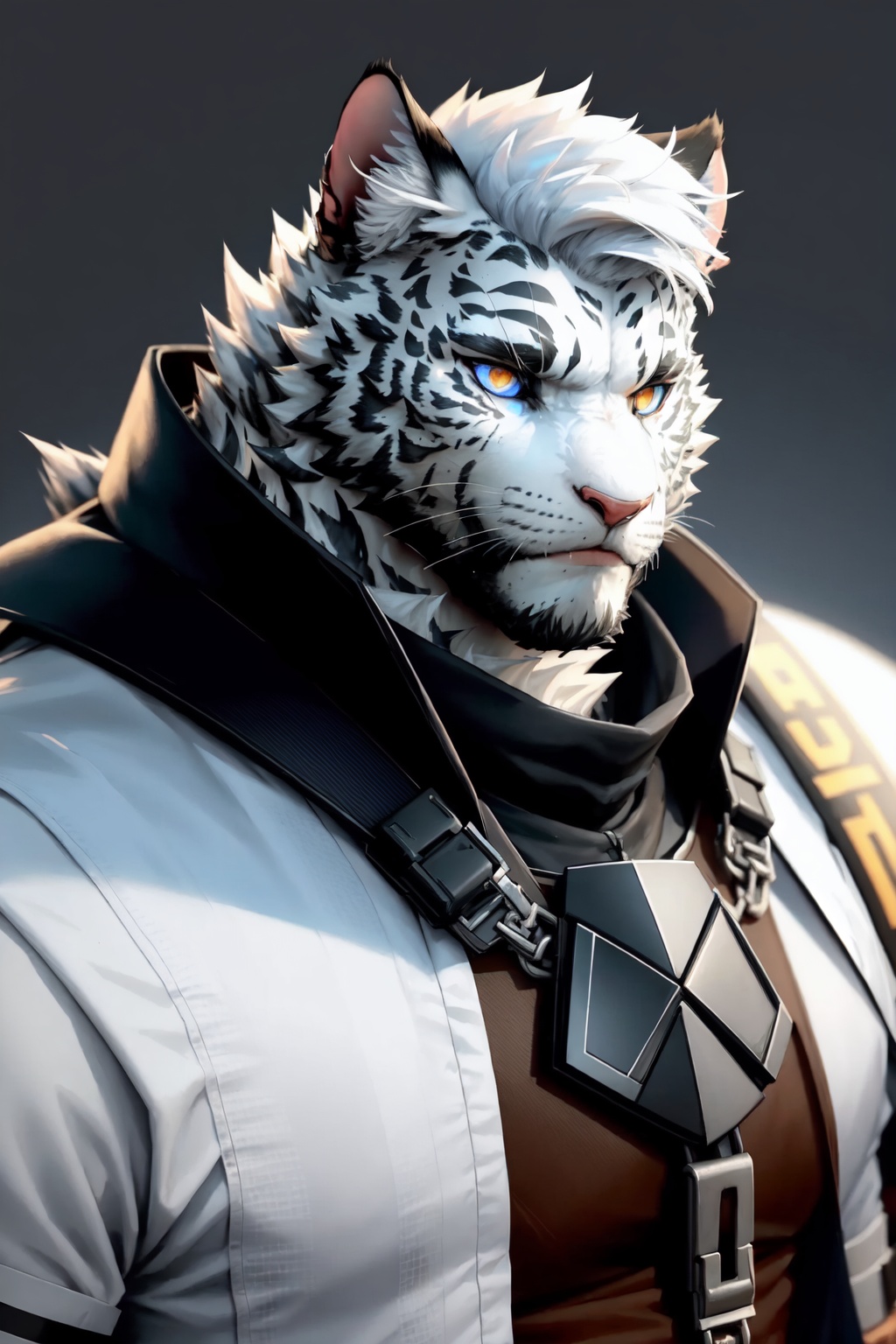 portrait,close-up,upper body,mountain_(arknights),tiger_boy,scar_across_eye,solo,1boy,white_fur,furry_male,muscular_male,bara,scar_on_face<lora:mountain_(arknights):1>,simple background,white backgroundmasterpiece,best quality, highly detailed, 
