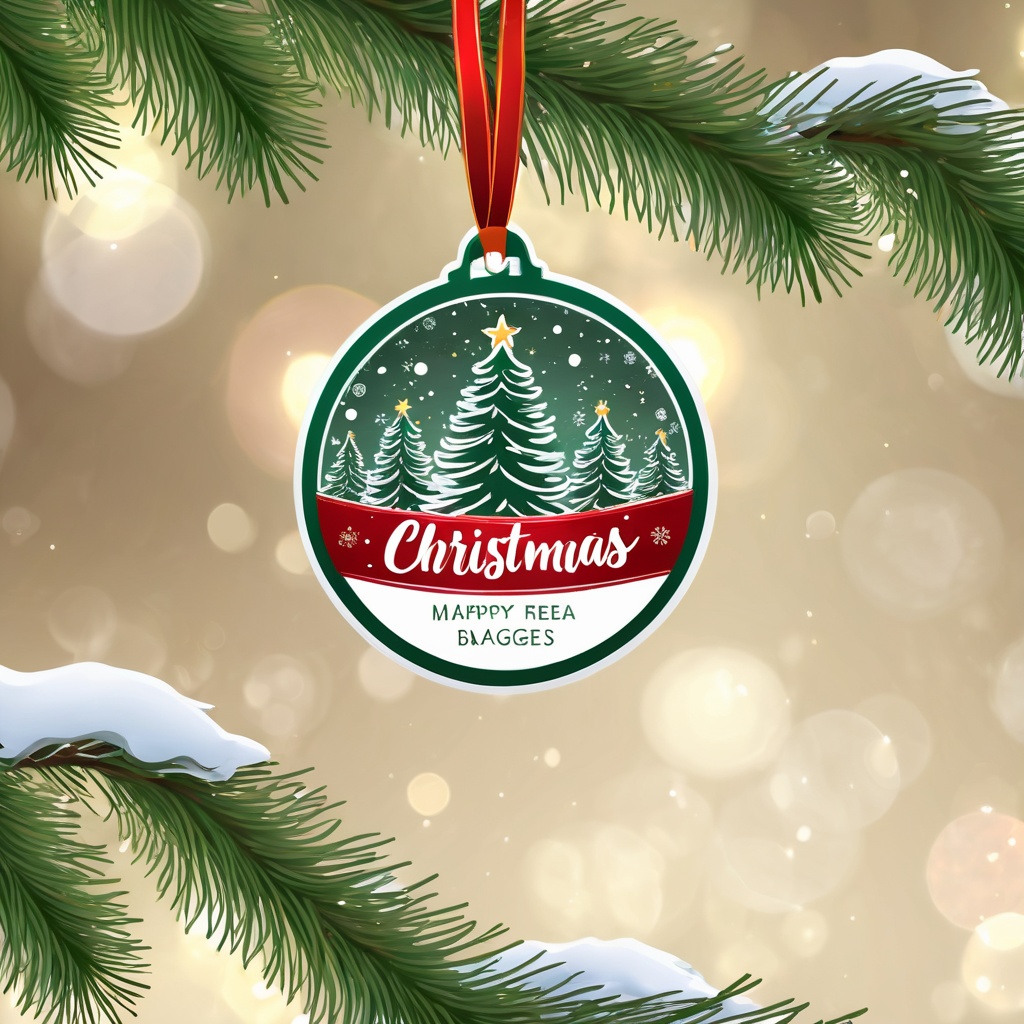 Christmas badges,A festive Christmas ornament with a snowy pine tree design,set against twinkling holiday lights and decorations.,