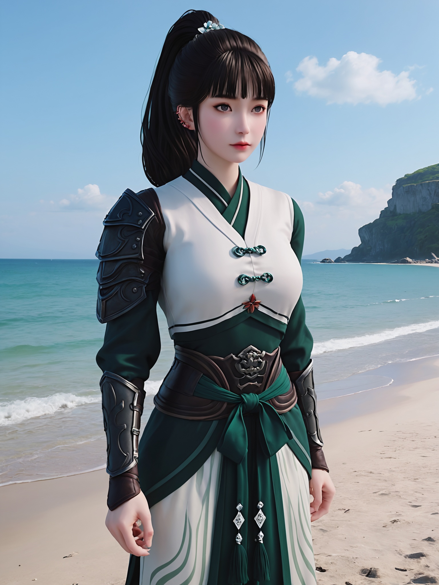 realistic style photo outstanding style,tall,cute,in her teens. Use soft lighting to cast gentle shadows on the subject,adding a touch of dimension to your images without compromising details,score_9,Seaside,beach,waves,<lora:剑来-阮秀Pony:0.6>,black hair is tied up in a high ponytail adorned with a decorative hair clip,wears a traditional Chinese-style outfit with a white tunic and a dark green,high-collared outer garment.The outfit is intricately designed with ornate silver and black metal plates,resembling armor,on the shoulders and forearms,and a sash tied around her waist.,