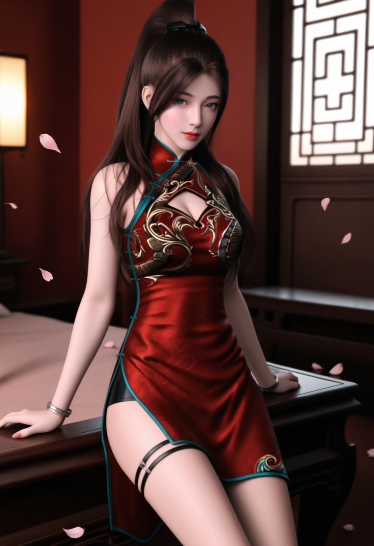 masterpiece,best quality,amazing quality,very aesthetic,high resolution,ultra-detailed,absurdres,scenery,photorealistic,(looking at viewer:1.1),upper body,(Dark room:1.3),(moody lighting:1.1),peach blossom,falling petals,(large breasts:0.8),tangzichen,1girl,solo,long hair,brown hair,chinese clothes,dress,china dress,red dress,blue eyes,ponytail,sleeveless,thigh strap,jewelry,bracelet,side slit,sleeveless dress,brown eyes,black hair,high ponytail,high heels BREAK photorealistic details,<lora:QQSilltangzichenV1:0.8>,