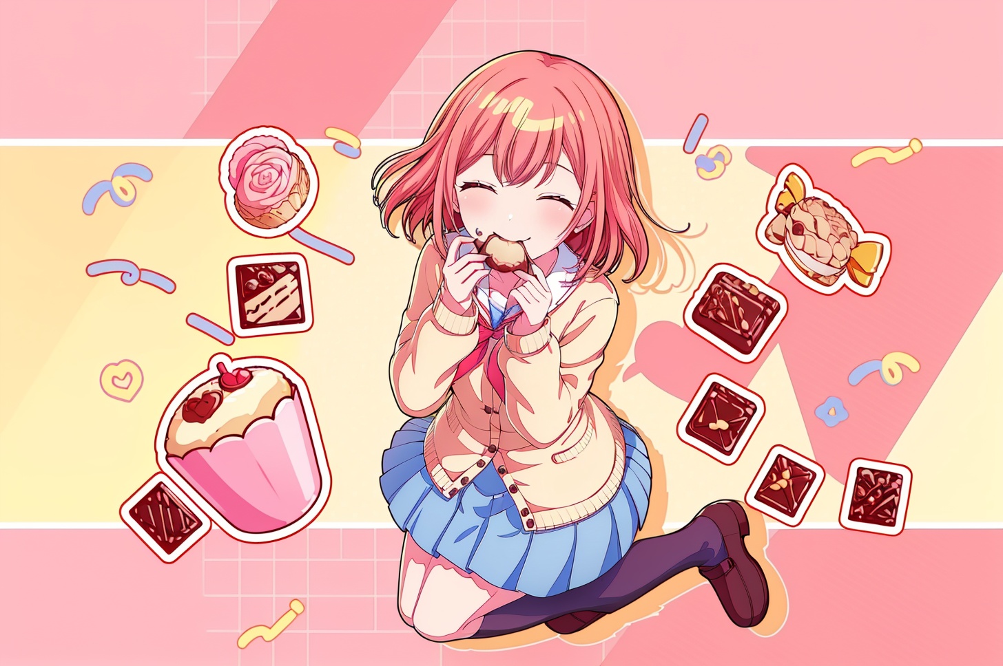 masterpiece,best quality,ultra-detailed,<lora:这应该是个壁纸Lora:1.1>,1girl,food,skirt,blue skirt,closed eyes,solo,pleated skirt,socks,candy,cupcake,holding,cardigan,black socks,eating,^_^,neckerchief,onigiri,bangs,facing viewer,pink cardigan,cup,smile,long sleeves,school uniform,holding food,closed mouth,bowl,kneehighs,blush,full body,ribbon,red neckerchief,cookie,chocolate,red ribbon,