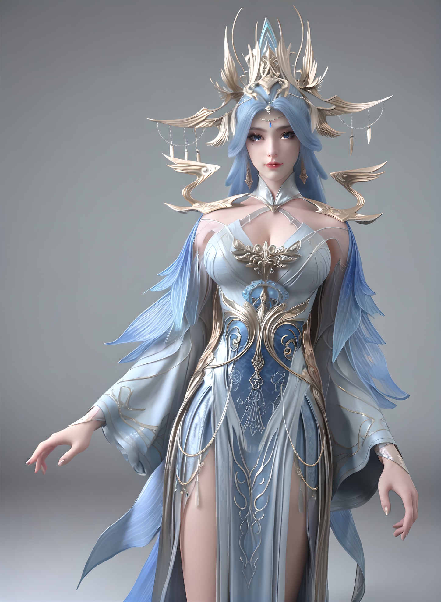 fair_skin,white_skin,Ivory_skin,score_9,<lora:SF_NingYuDieSecondCothing_Pony_Realism-000004:0.7>,hair ornament,dress,blue hair,1girl,breasts,large breasts,standing,solo,looking at viewer,simple background,