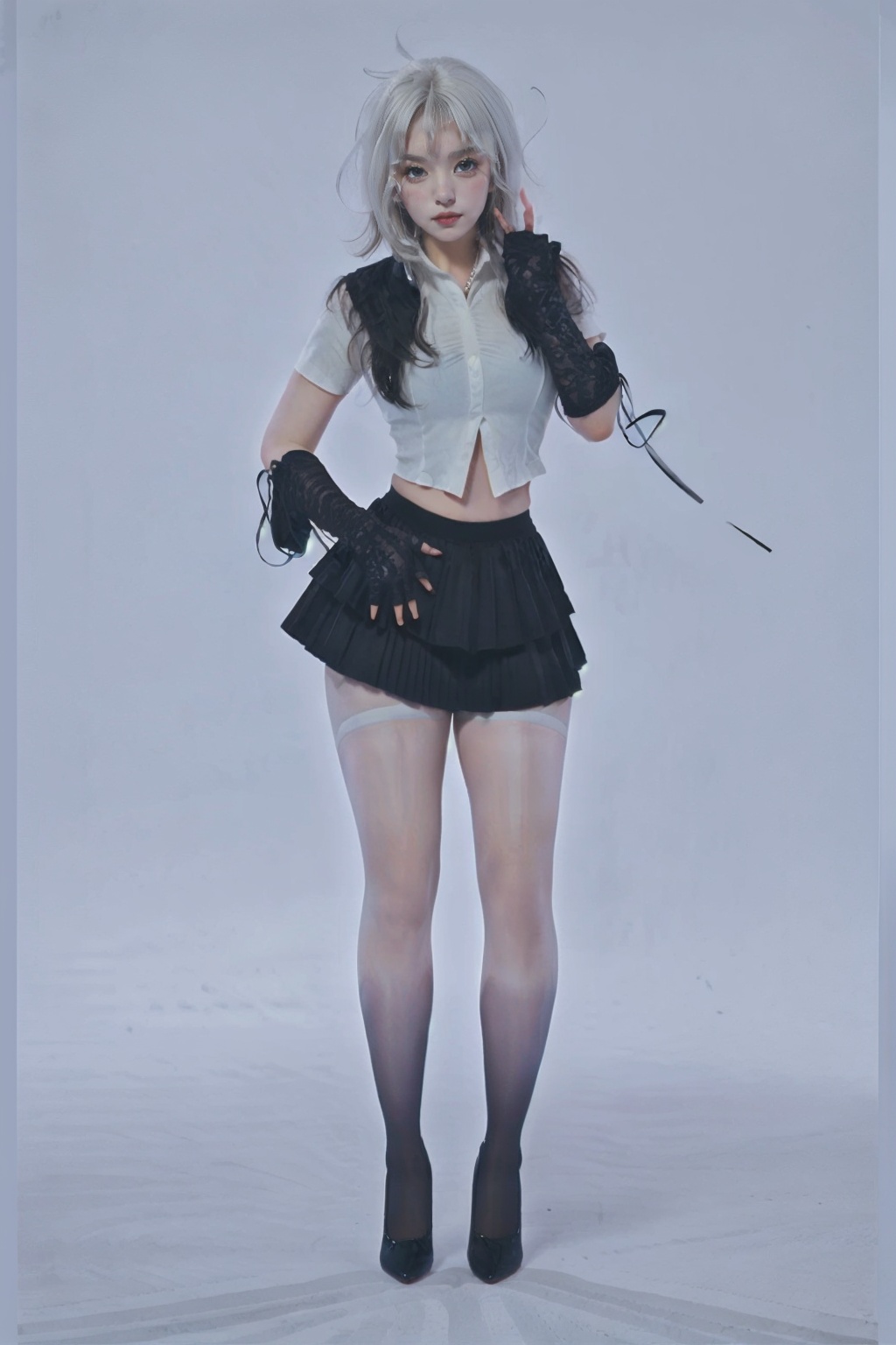 1girl,wsfz-021,(white hair:1.1),short hair,streaked hair,white blouse,(black pleated skirt:1.1),cutout above navel,(lace:1.1),simple background,gradient stockings,huge filesize,