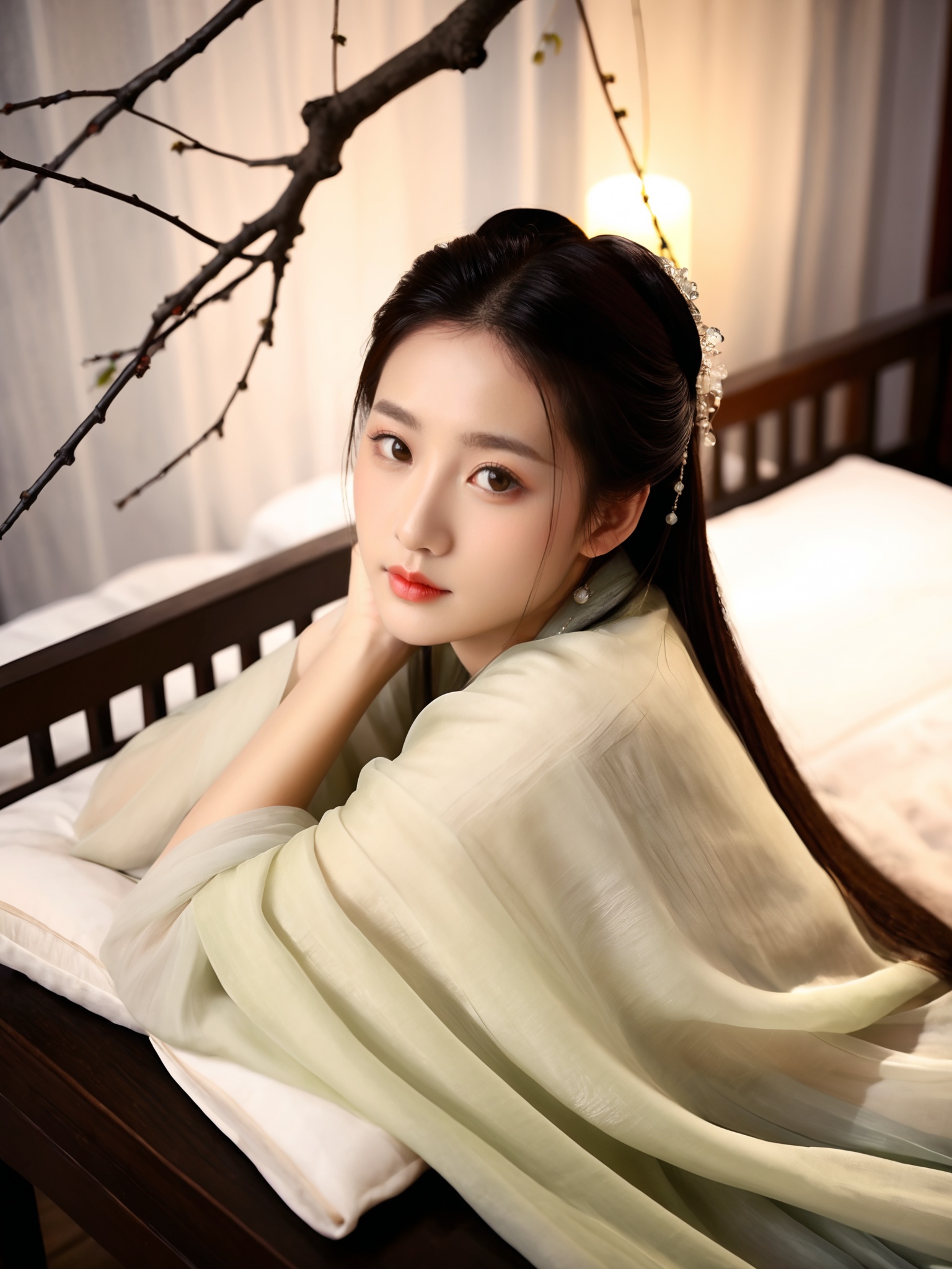a chinese female , (((lying on the bed))),(((headrest on arm))),wearing hanfu,gloom (expression) ,from above,detailed face,chinese ancient bedroom indoors background,candle on table,((cool tone)),night, ethereal atmosphere, evocative hues, captivating coloration, dramatic lighting, enchanting aura, masterpiece, best quality, epic cinematic, soft nature lights, rim light, amazing, hyper detailed, ultra realistic, soft colors, photorealistic, Ray tracing, Cinematic Light, light source contrast, black and white ink painting , traditional chinese ink painting,willow branches,willow tree in background,