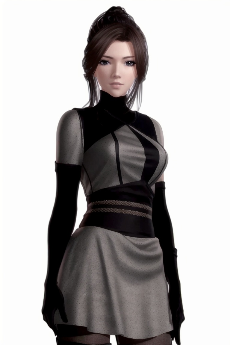((HRD, HUD, 8K)),((masterpiece, best quality)), highly detailed, soft light,1girl, solo, black hair, brown hair, long hair, ponytail, lips, black eyes, breasts, bodysuit, armor, gloves, simple background, white background, cowboy shot, standing, looking at viewer,  <lora:20240504-1714817809601:0.73>