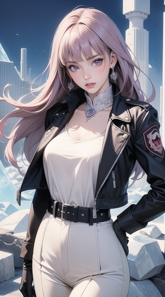 (best quality), ((masterpiece)), (highres), illustration, original, extremely detailed,1girl, long hair, solo, kula diamond, ice, purple eyes, breasts, gloves, hand on hip, belt, lips