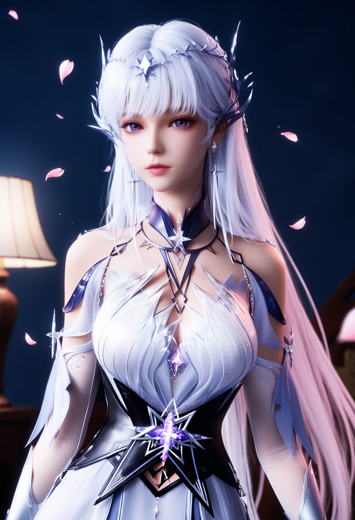 masterpiece,best quality,amazing quality,high resolution,ultra-detailed,absurdres,high res,8K,(looking at viewer:1.1),upper body,(Dark room:1.3),(moody lighting:1.1),peach blossom,falling petals,(large breasts:0.8),shengcaiersj,1girl,solo,long hair,hair ornament,dress,white hair,bare shoulders,purple eyes,white dress,jewelry,realistic,earrings,detached sleeves,high_heels BREAK photorealistic details,<lora:QQSillshengcaiersjV1:0.8>,