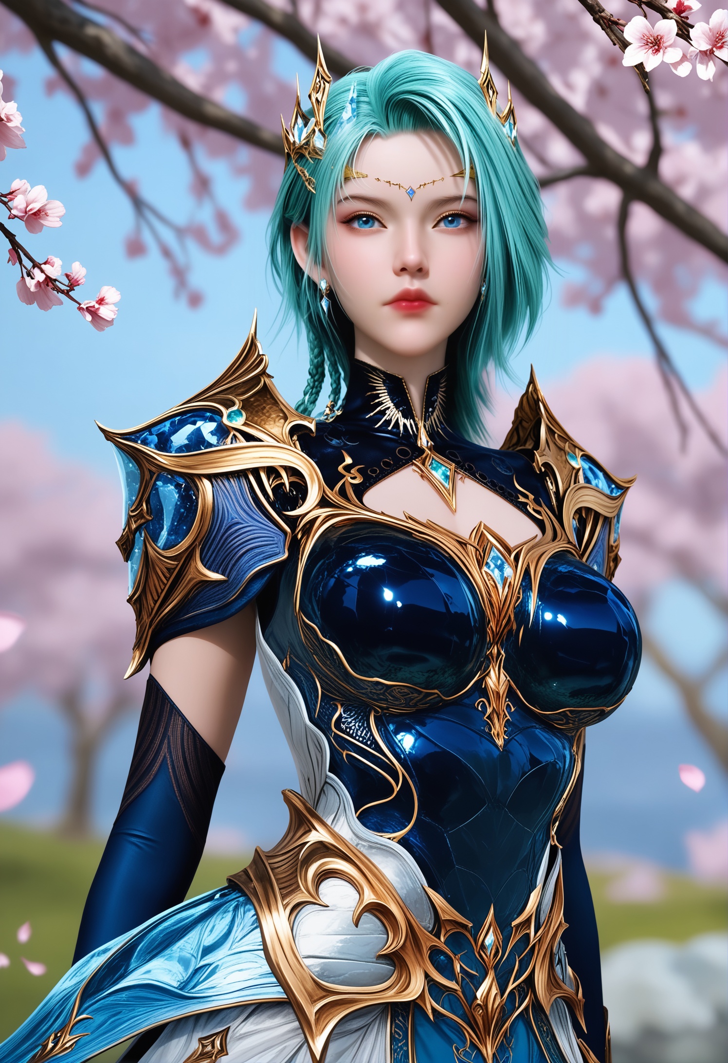 score_9,score_8_up,score_7_up,1girl,solo,realistic,(looking at viewer:1.1),(portrait:1.5),1girl,solo,realistic,dress,blue dress,shoulder armor,breastplate,armored dress,gold trim,detached sleeves,armor,crystal,gem,gloves,elbow gloves,clothing cutout,blue gemstone,black gloves,boots,knee boots,black footwear,high heels,1girl,solo,realistic,jewelry,crown,circlet,hair ornament,head chain,earrings,1girl,solo,realistic,(mature face:1.4),(big eye:0.7),(pale_skin:1.1),(shiny_skin:1.1),(slender face:1.2),medium hair,aqua hair,green hair,blue hair,blue eyes,braid,forehead mark,forehead jewel,eyeshadow,eyelashes,makeup,lips,red lips,closed mouth,realistic,grass,madotsuki,cherry blossoms,falling petals,petals,outdoors,tree,rock,water,<lora:小巳-冰帝-御姐脸:0.85>,