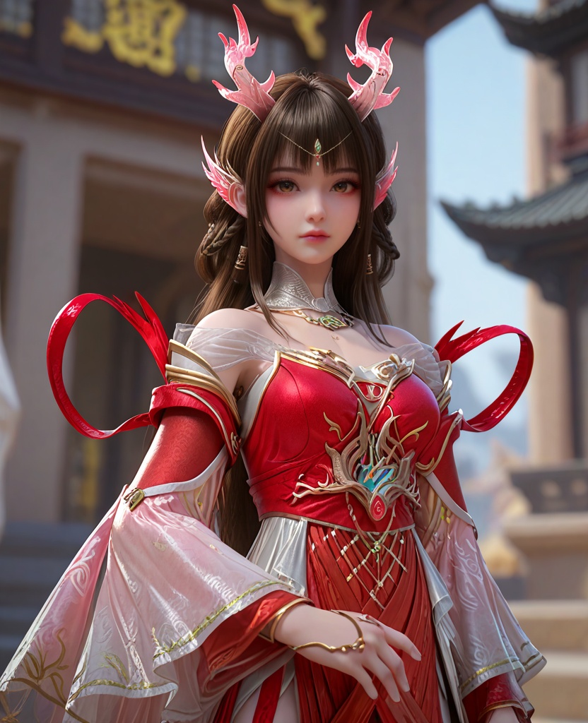 (oriental architecture, elegant decor, sophisticated style:1.1),(Walking away from the camera,:1.1),(breasts:1.2),<lora:XL百炼成神龙宫云落:0.95>,miss yunluo,brown hair,ong hair,red dress,hair ornament,jewelry,bare shoulders,braid,antlers,brown eyes,earrings,detached sleeves,pointy ears,detached collar,, zPDXL2, score_9, score_8_up, score_7_up BREAK realistic, masterpiece,best quality, highly detailed,, zPDXL3, zPDXL2,zPDXL, zPDXLxxx, zPDXLrl,