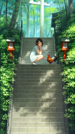 (best quality), ((masterpiece)), (highres), illustration, original, extremely detailed,  <lora:疗愈天空:0.7>1girl, stairs, chicken, dress, bird, squatting, outdoors, black hair, torii, day, short hair, solo, plant, tree, scenery, lantern, nature, white dress, sunlight, stone stairs, white footwear, shrine, dappled sunlight, short sleeves, black eyes, forest, looking at viewer, shade, animal, year of the rooster, shoes