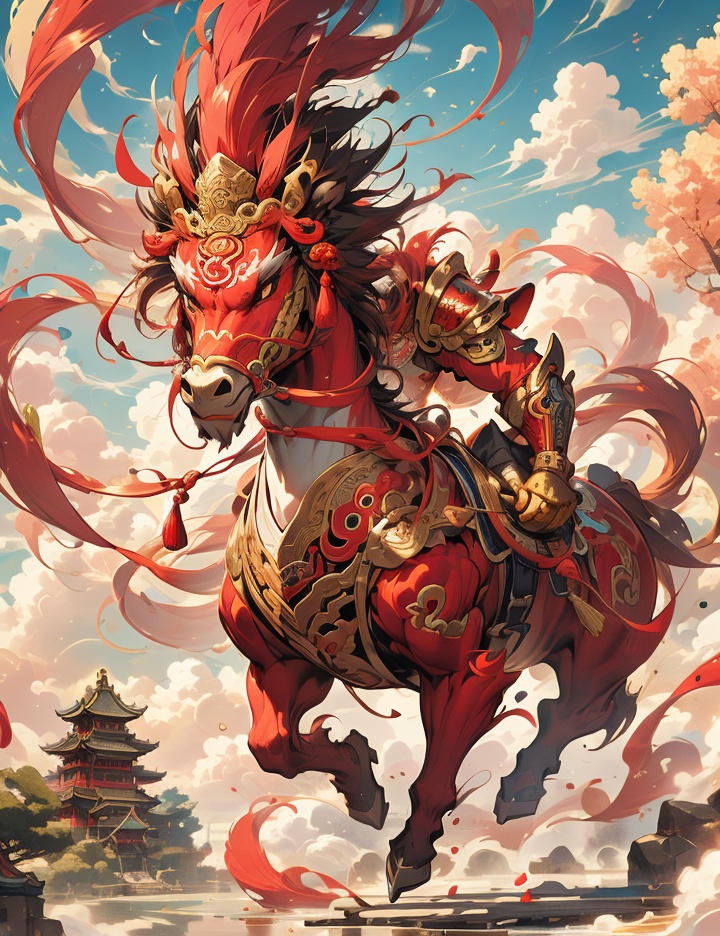 Thick color style, ancient Chinese mythology style, 1boy, holding a red tassel gun, wearing pink armor, stepping on fire wheels on his feet, cute, floating in the air, surrounded by clouds