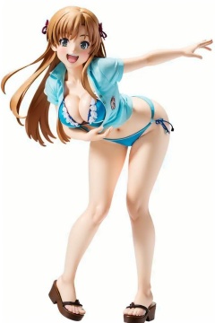 ((HRD, HUD, 8K)),((masterpiece, best quality)), highly detailed,Handmade, 1girl, asuna (sao), breasts, solo, long hair, swimsuit, one eye closed, cleavage, brown eyes, brown hair, bikini, large breasts, open mouth, smile, sandals, white background, full body, ;d, simple background, long legs, <lora:20240316-1710599536818:0.8>