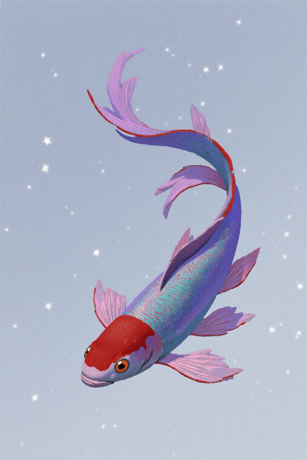 beijihui,An eye-level view of a vibrant red fish with a long tail. The fish's head is facing to the left, and its eyes are a bright orange. The tail is a vibrant shade of pink, with a darker shade of purple at the bottom, and a lighter shade of blue at the top. The background is a grayish gray, and there are a few white stars visible in the top right corner of the image.
