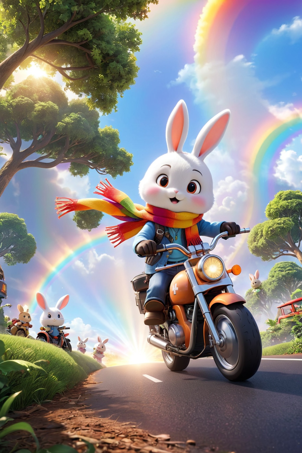 professional 3d model,anime artwork pixar,3d style,good shine,OC rendering,highly detailed,volumetric,dramatic lighting,furry,cute,(a bunny riding a motorcycle:1.1),rabbit,solo,(motor vehicle:1.2),riding,scarf,running on the rainbow,tree,extreme perspective,looking up at the camera,rainbow,fire spray,speed,humorous,beautiful colorful background,very beautiful,masterpiece,best quality,super detail,anime style,key visual,vibrant,studio anime