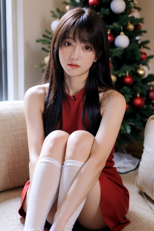 masterpiece,best quality,ultra high res,1girl,upper body, <lora:【雪石lora】清纯脸模_v1.0:1>, Ultra-realistic 8k CG,masterpiece,best quality,(photorealistic:1.4),HDR,absurdres,Professional,RAW photo,lens flare,(film grain:1.1),Bokeh,((Depth of field)),studio light, a woman in a red dress sitting in a chair next to a christmas tree and presents under a tree, 1girl, brown_hair, christmas, christmas_ornaments, christmas_tree, dress, flower, hair_ornament, holly, indoors, kneehighs, long_hair, looking_at_viewer, red_flower, rose, shoes, sitting, solo, white_legwear, wreath, Highly detailed,Professional,extreme detail description;