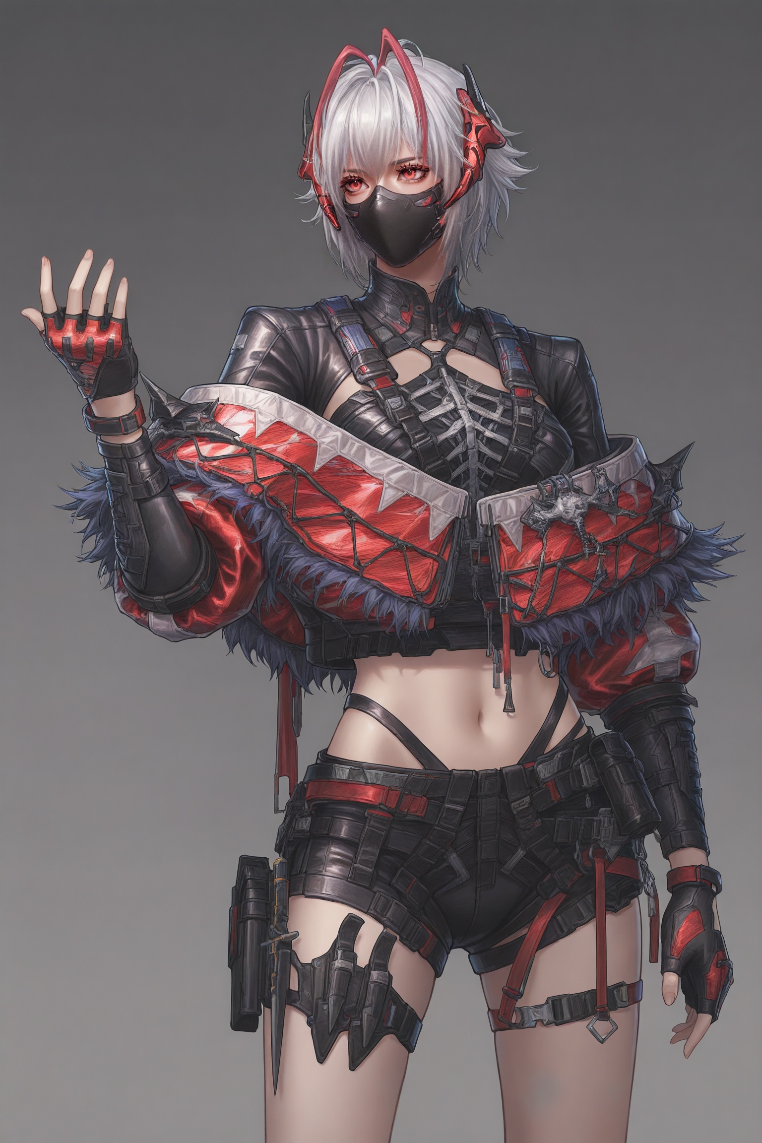 <lora:光辉V1麦晓雯维什黛尔角色:1>,maixiaowenew,1girl,solo,short hair,mask,mouth mask,w \\(arknights\\),horns,jacket,red eyes,grey hair,antenna hair,white hair,fingerless gloves,black shorts,midriff,navel,thigh strap,crop top,grey background,