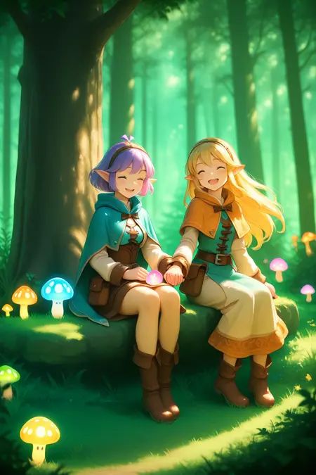 2girls, long hair, short hair, fantasy forest, glowing mushrooms, soft lighting, holding hands, happy smiles, whimsical creatures, masterpiece, best quality
