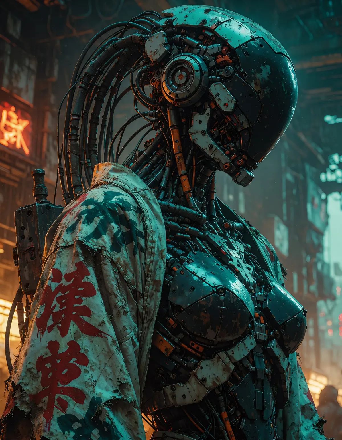 A dark grimy post-apocalyptic industrial cyberpunk scene,  heavily textured grunge aesthetic. A heavily cybernetic humanoi...