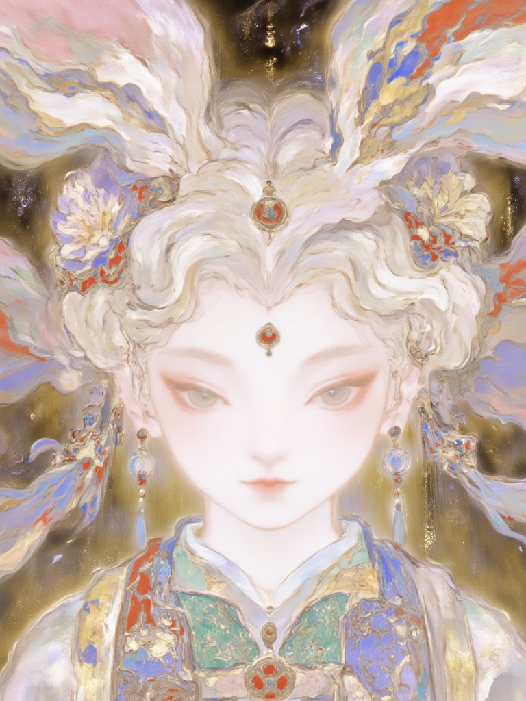 bai,Rock paintings,A striking portrait of a young girl with the head of a rabbit,her fur a soft cream-white,blending seamlessly into her human neck. Her rabbit face is adorned with intricate Chinese traditional motifs--delicate yunwen (cloud patterns) swirling across her cheeks,a lianhua (lotus flower) on her forehead,and ruyiwen (ruyi symbols) tracing her jawline in gold and crimson ink. Her long ears cascade down her back,one tipped with a tiny Chinese bell. She wears a Ming Dynasty-inspired embroidered collar,its threads shimmering against the muted background of an ink-wash shanshuihua (mountain-water painting). The style merges contemporary digital art with classical Chinese brushwork,hyper-detailed yet ethereal,her dark almond-shaped eyes holding quiet mystery.,