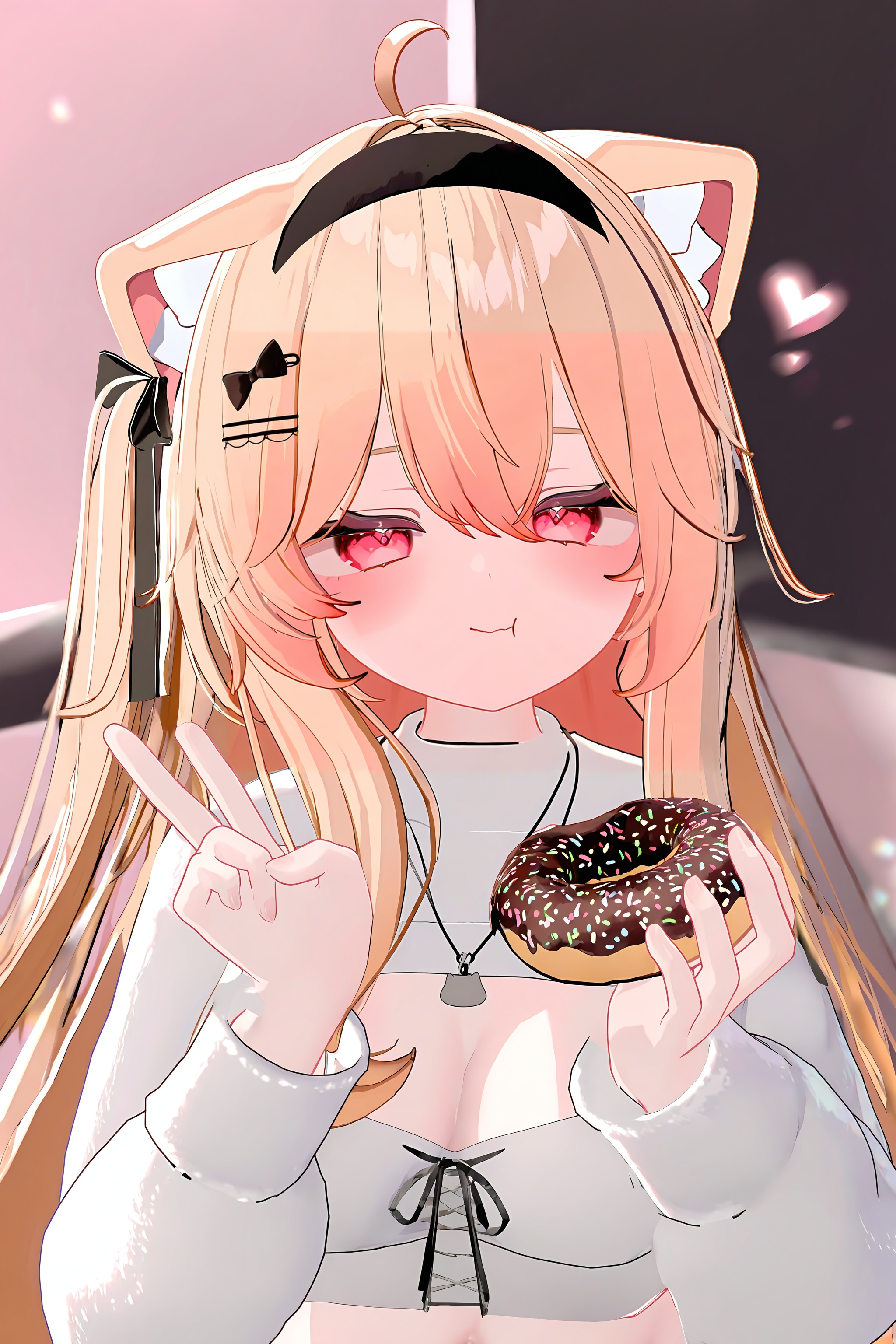 vrc_vibe,<lora:vrc_style_v2>,masterpiece,best quality,highly detailed,1girl,animal ears,cropped jacket,cleavage cutout,food,solo,v,long hair,doughnut,clothing cutout,ahoge,holding food,virtual youtuber,holding,jacket,blonde hair,looking at viewer,hairband,cleavage,smile,cat ears,one side up,breasts,pink eyes,eating,white jacket,long sleeves,black hairband,heart,bow,sweater,upper body,blush,hair bow,turtleneck,necklace,double-parted bangs,:t,red eyes,closed mouth,animal ear fluff,jewelry,dress,cat girl,hair between eyes,