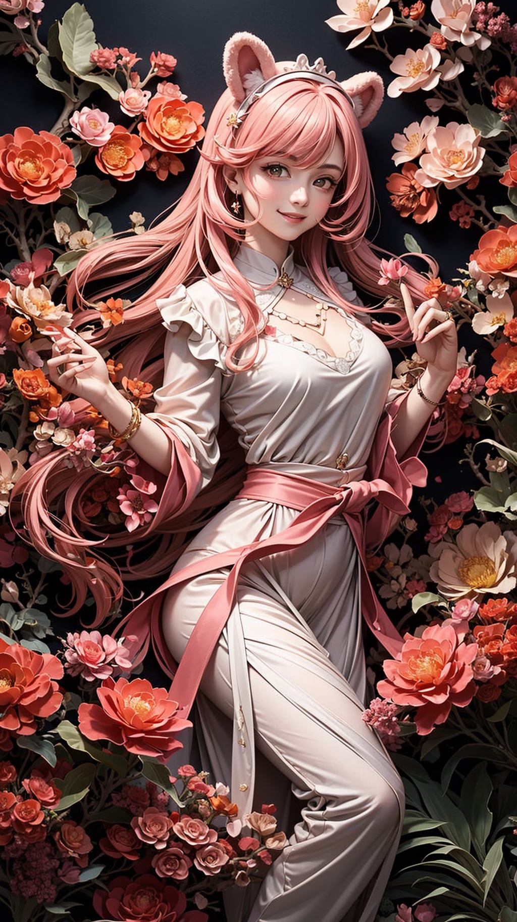 1girl,solo,beauty,lovely blouse,long pink hair,smile at viewer,flying petals,teddy bear ears,