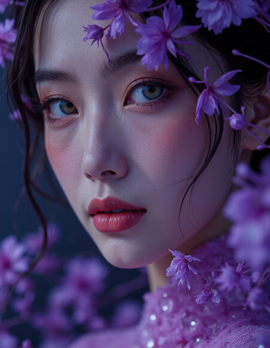 cinematic photo official art,ultra detailed,aesthetic,masterpiece,best quality,photorealistic,entangle,purple rose,tangle,entangle,1girl,chinese woman,Glowing eyes,tears,Golden eyeshadows,ecstasy of flower,dynamic angle,the most beautiful form of chaos,elegant,a brutalist designed,Gradient colours,romanticism,film,professional,highly detailed,skin detail realistic,Glass fragments,Shimmering Crysta,looking at viewer,makeup portrait,purple eyeshadows,