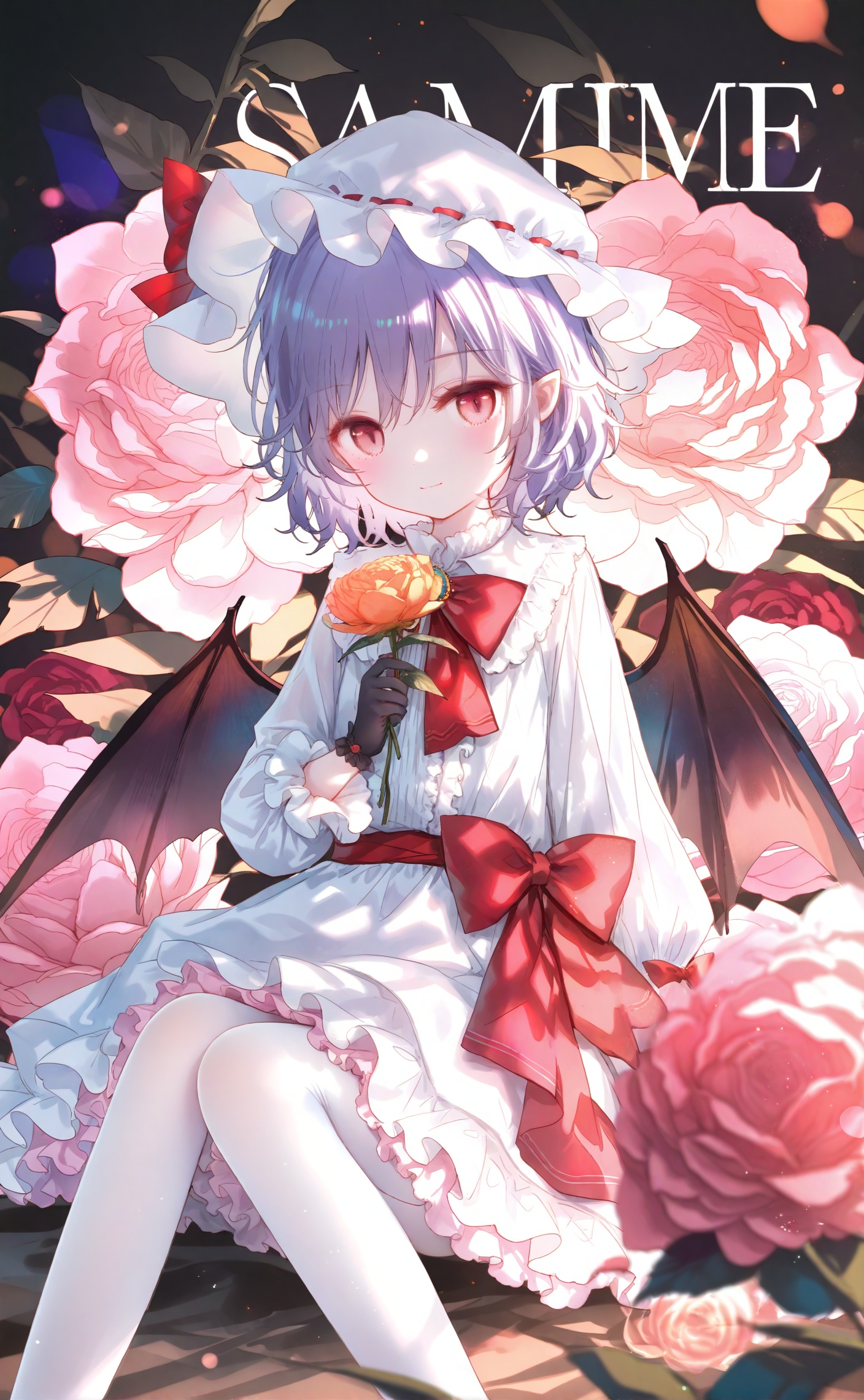 masterpiece,very aware,highres,absurdres,newest,best quality,loli,petite,high quality,chromatic_aberration,cinematic_angle,dutch angle,nyalia,//,artist:ciloranko,artist:ningen_mame,artist:sho_(sho_lwlw),artist:rhasta,artist:wlop,artist:ke-ta,artist:hiten \(hitenkei\),//,best, 1girl, remilia scarlet, solo, flower, wings, hat, gloves, black gloves, bat wings, looking at viewer, mob cap, dress, red eyes, long sleeves, hat flower, holding flower, white pantyhose, frills, bow, rose, ribbon, red bow, hat ribbon, floral background, short hair, red ribbon, sitting, pantyhose, holding, white dress, smile, frilled dress, white headwear, bowtie, red flower, purple hair, alternate costume, pink flower, feet out of frame, petticoat, red bowtie, puffy sleeves, red rose, frilled sleeves, sash, blue hair, brooch, closed mouth, center frills, character name, pink rose, hat bow, purple flower, light smile, peony (flower), english text, leaf, skirt, pink dress, crystal, light particles, white flower, blue flower, gem, adapted costume, neck ribbon, hair between eyes, slit pupils, layered dress, orange flower, pink eyes, embellished costume, knees together feet apart, shirt, frilled skirt, puffy long sleeves, fang<lora:カズ-000040:0.8>,
