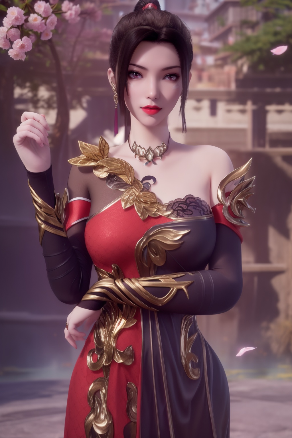 photo_\(medium\),(8k, RAW photo, best_quality),(masterpiece:1.2),(realistic:1.2),(photorealistic:1.3),(ultra-detailed),(extremely_detailed_cg_8k_wallpaper),(crystal_texture_skin:1.3),(shiny:1.2),(shiny_skin:1.4),(extremely_delicate_and_beautiful),petals,flower,sky,cherry blossoms,falling petals,fair skin,landscape,full_shot,shenfengLingMeiEr,1girl,solo,dress,flower,shoulder cutout,standing,red lips,torogao,breasts,hair bun,upper body,jewelry,hair ornament,earring,necklace,realistic,looking at viewer,<lora:shenfengLingMeiEr_20240804131117-000004:0.8>,