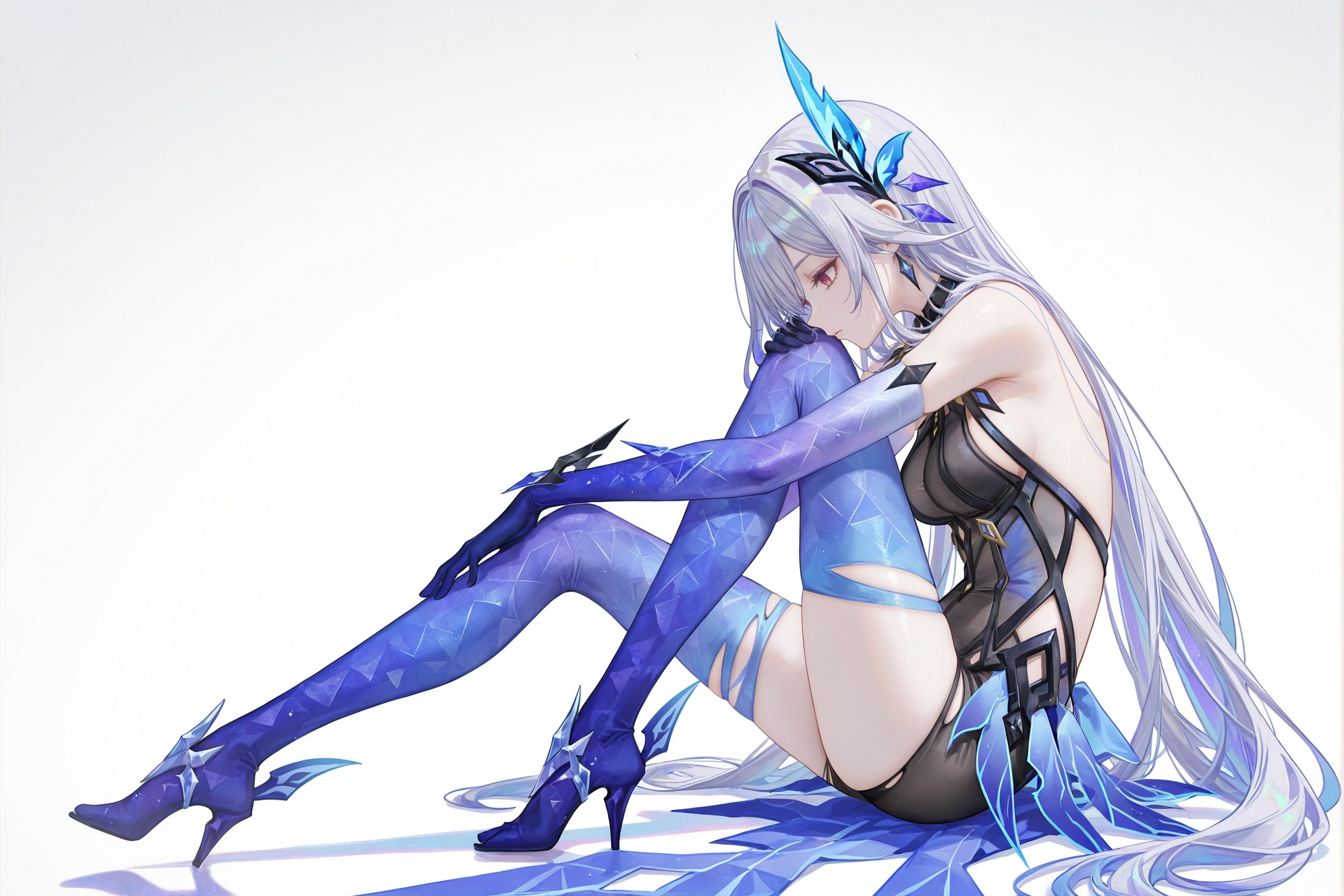 best quality,masterpiece,(ultra-detailed),(high detailed skin),((artist:reoen),(artist:fuzichoco),(artist:atdan),(artist:torino_aqua),year 2024:0.8)1girl,[artist:wlop],[artist:ningen_mame],artist:ciloranko,[[artist:rhasta]],artist:tidsean,colorful,full body,full shot,(solo:1.2),simple background,(white background:1.2),(white background:1.1),<lora:sikknew-ill-Tanger:0.9>,Skirk \(genshin impact\),clothes: balck halter bodysuit,official alternate costume,Skirk hair ornament,black alternate elbow gloves,1girl,long grey hair,thighhighs,red eyes,profile,head on knee,sitting,