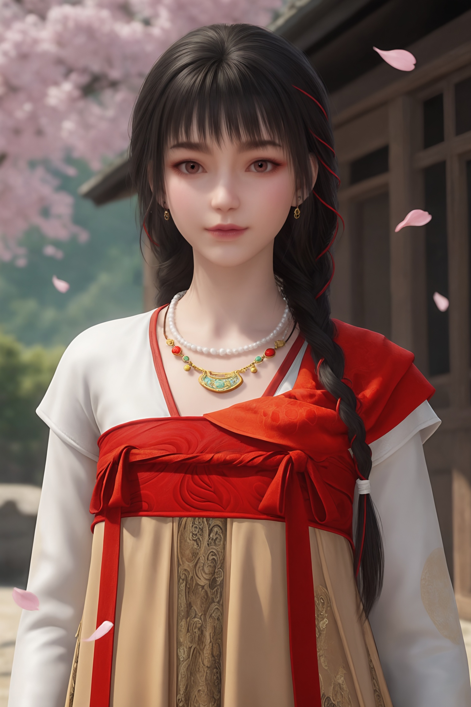 upper body,looking at viewer,petals,falling petals,masterpiece,best quality,absurdres,highres,amazing quality,very aesthetic,newest,absurdres,highres,highly detailed,very aesthetic,<lora:不良人-萤勾ILL:0.7>,1girl,long,dark hair,loose braid. traditional Korean hanbok,two-piece dress with a white top and an intricately patterned red,gold skirt.,