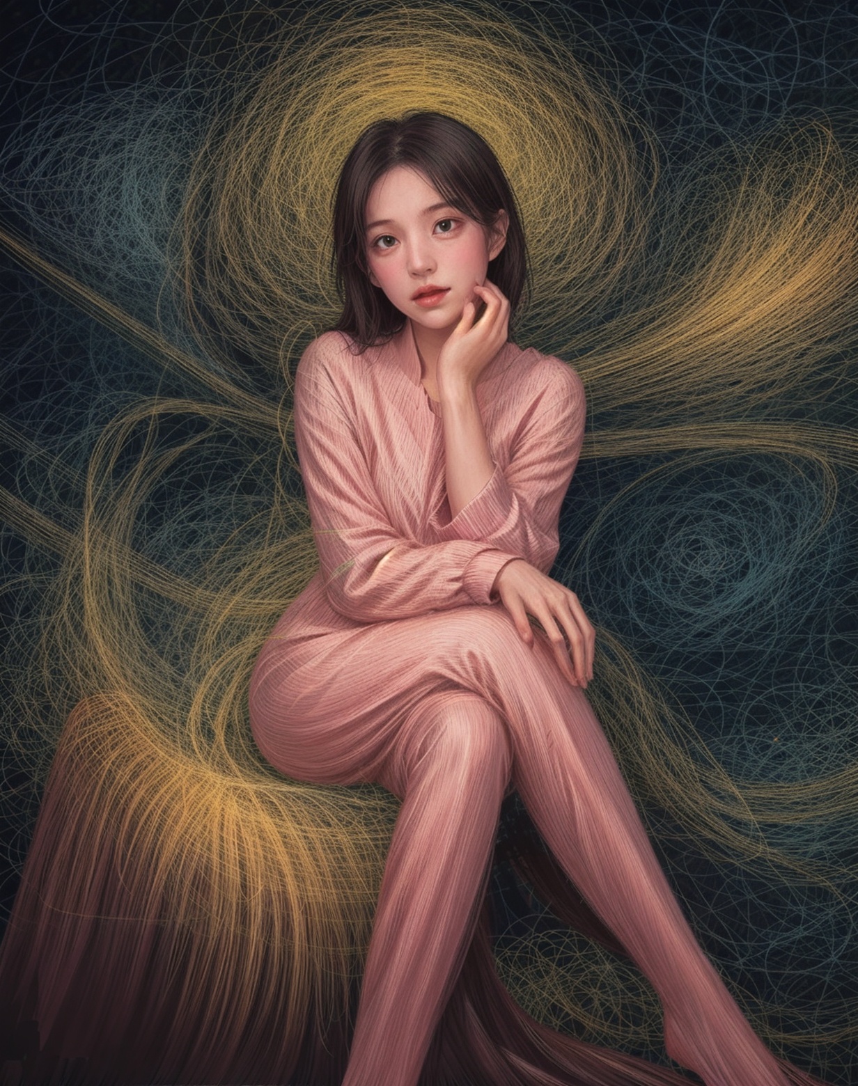 (chahua),1girl,cloud,constellation,space,crescent moon,earth \(planet\),moon,night,night sky,planet,shooting star,sky,star \(sky\),star \(symbol\),starry sky,tower,traditional media,<lora:chahua:0.5>,bright hue,