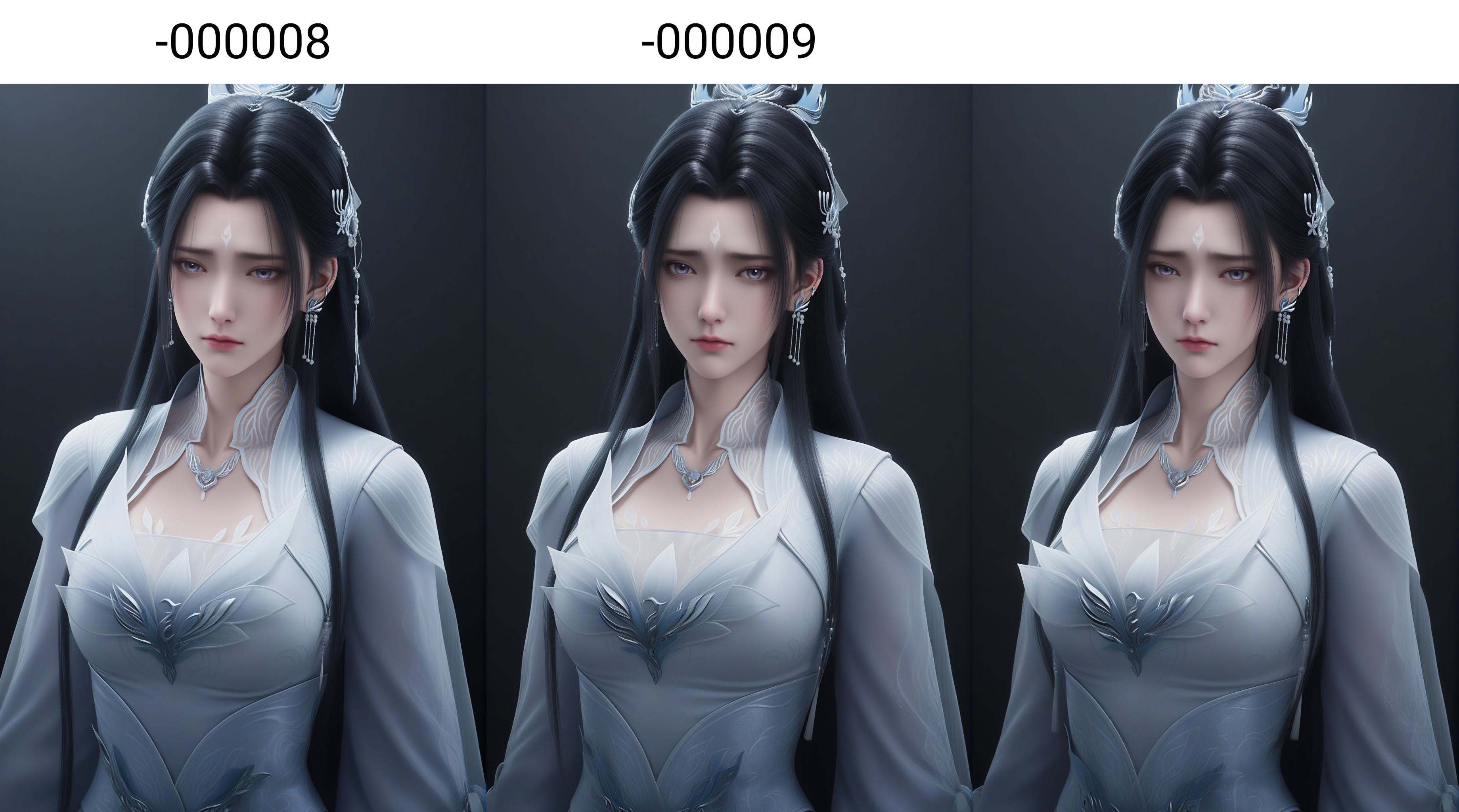 masterpiece,best quality,absurdres,highres,mature female,solo,<lora:新-陆雪琪-ill-000008:0.83>,luxueqi,long hair,black hair,hair ornament,jewelry,earrings,forehead mark,hair bun,hair ribbon,grey_eyes,purple_pupils,(lonely:1.1),sad,BREAKcollarbone,sheer overlay,necklace,dress,belt,looking at viewer,(front view),(chin_stroking:1.1),cowboy shot,simple background,black background,