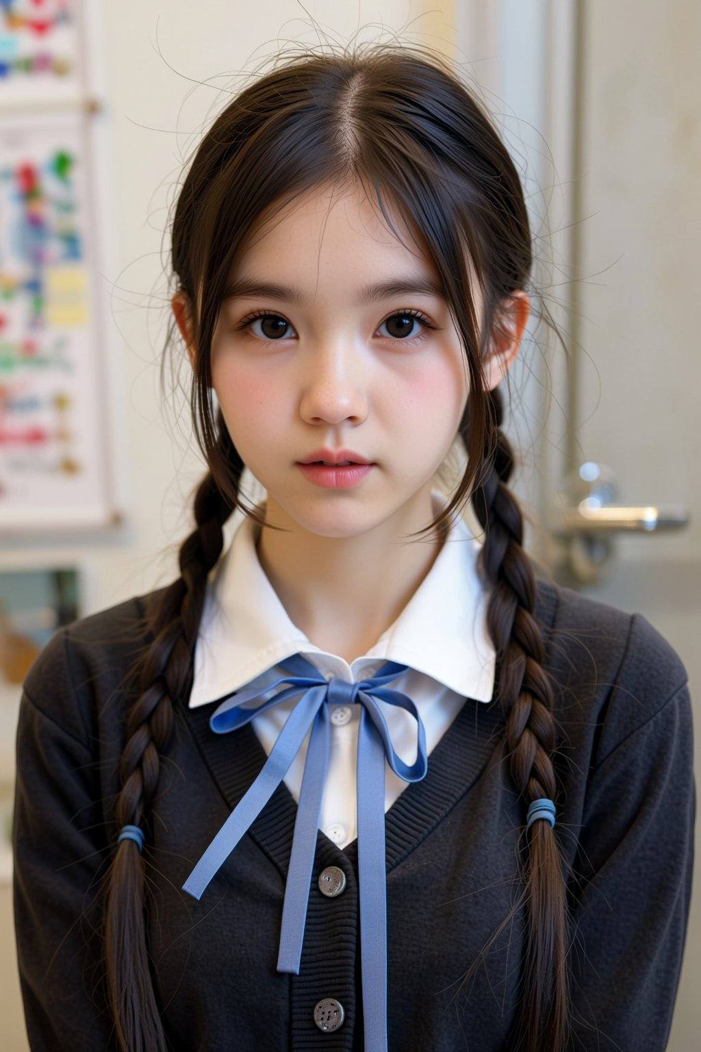 The image depicts a photograph of a young East Asian woman with a fair complexion and large,  dark brown eyes. Her straigh...