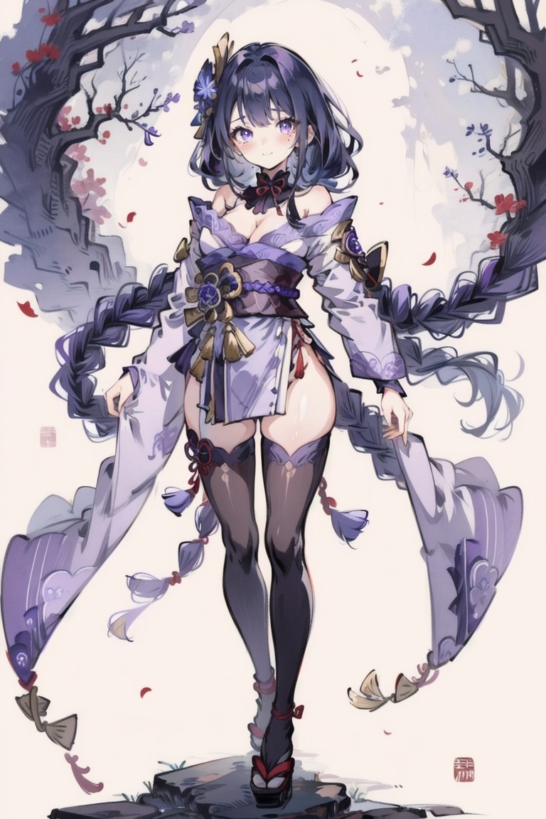 ((HRD, HUD, 8K)),((masterpiece, best quality)), highly detailed,YuanShen, 1girl, solo, raiden shogun, breasts, japanese clothes, thighhighs, purple eyes, long hair, purple hair, kimono, hair ornament, braid, full body, bangs, cleavage, looking at viewer, obi, mole, sash, simple background, wide sleeves, mole under eye, braided ponytail, long sleeves, black thighhighs, shoulder armor, closed mouth, tassel, purple kimono, smile, medium breasts, flower, armor, standing, blush, ribbon, thighs, very long hair, single braid, bridal gauntlets, <lora:20240318-1710771192163:0.9>