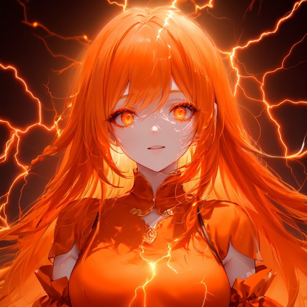 masterpiece,best quality, ultra-detailed, 1girl, beautiful detailed eyes, beautiful detailed glow, detailed lightning, beautiful detailed lightning,  long hair,orange lightning,glowing,electricity,gradient,light,(((orange dress))),orange Theme,Lightning hair,fully body,makeup <lora:ldv2-000008:0.8>，Lightning surrounds the body